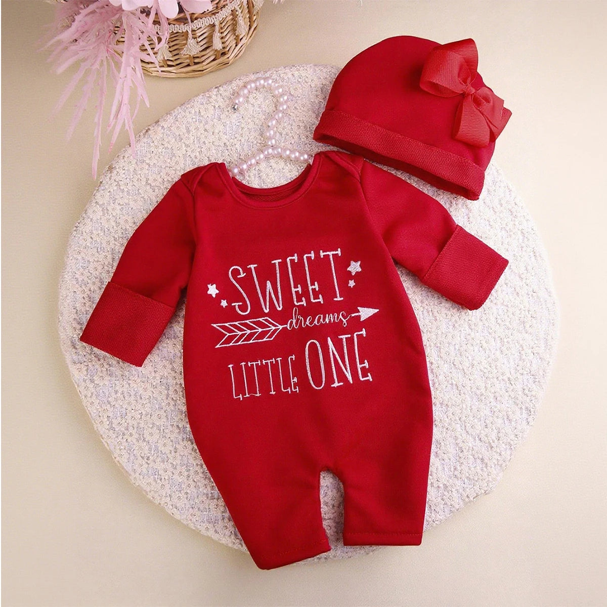 Newborn Photography Romper Jumpsuit with Bow Hat 'Hello World' Embroidery Infant Props for Coming Home Outfit Baby Gift