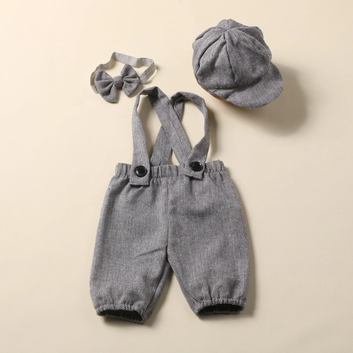 Newborn Boy Photography Outfit Baby Little Gentlman Suit Infant Shooting Suspender Overall with Casquette and Bow Tie