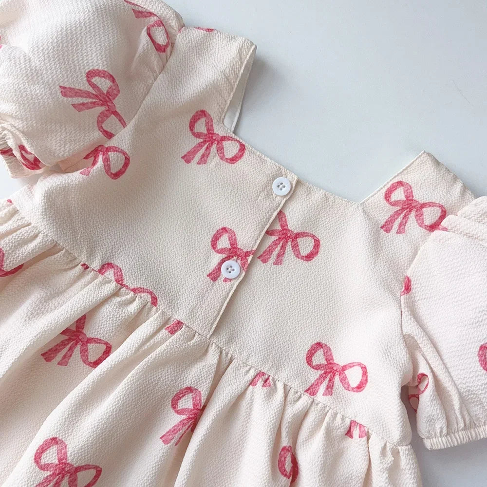 Short Sleeved Girls Clothing Summer New Bow Print Casual Dresses Sweet and Cute Kids Clothes for 3-7 Years Wear