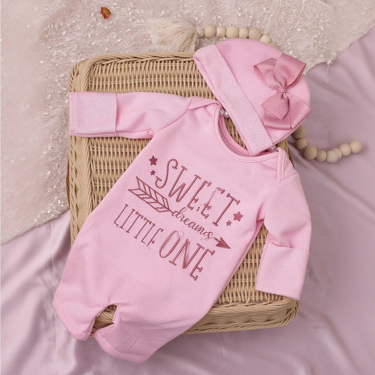 Newborn Photography Romper Jumpsuit with Bow Hat 'Hello World' Embroidery Infant Props for Coming Home Outfit Baby Gift