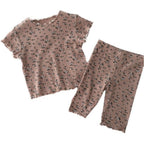 Summer Fashion New Short Sleeve Round Neck Flower Printed T-shirt Top+Pants 2 Piece Set Kids Casual Home Clothes