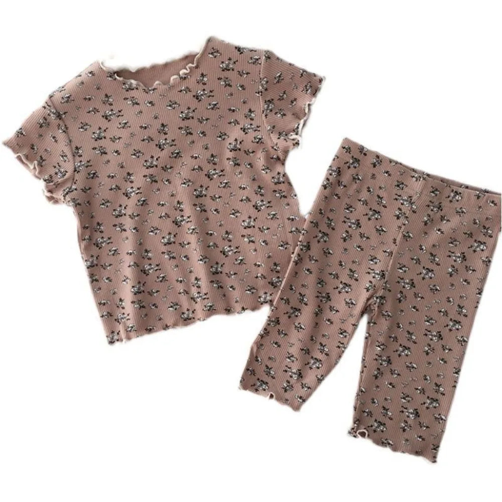 Summer Fashion New Short Sleeve Round Neck Flower Printed T-shirt Top+Pants 2 Piece Set Kids Casual Home Clothes