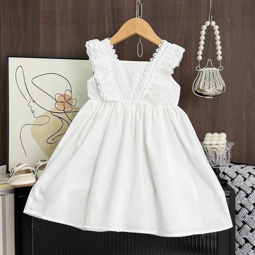 Cut-out Design Girl's Dress 2025 Summer Little Girl Fashion Sling White Holiday Medium Length Vest Dress Girls Dress