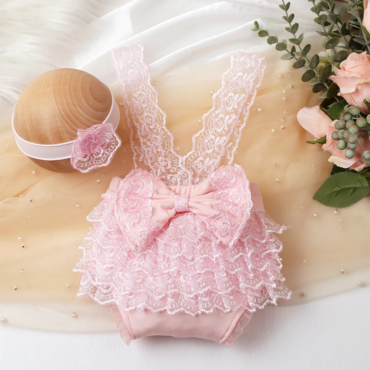 Newborn Photography Outfits Big Bowknot Baby Lace Romper with Hairband Blue Suspender Trousers Photo Shooting Overalls