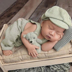 Little Gentleman Photography Outfits Newborn Boy Plaid Pocket Suspender Trousers with Casquette Infant Shooting Jumpsuit
