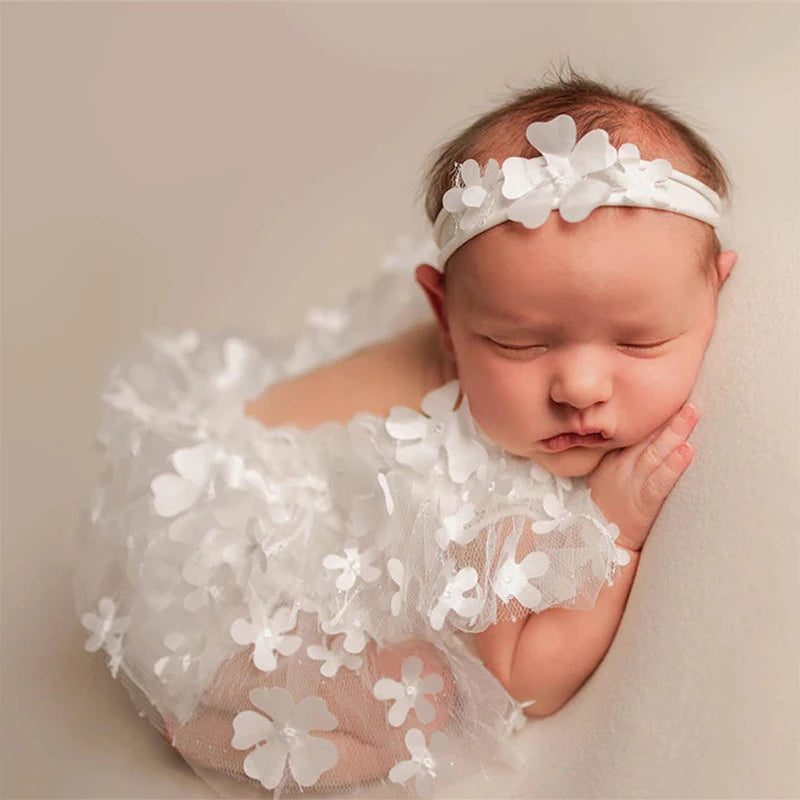 2 Pieces Set Newborn Girl Photography Outfits Embroidery Flower Romper with Headband Baby Photo Shooting Clothes