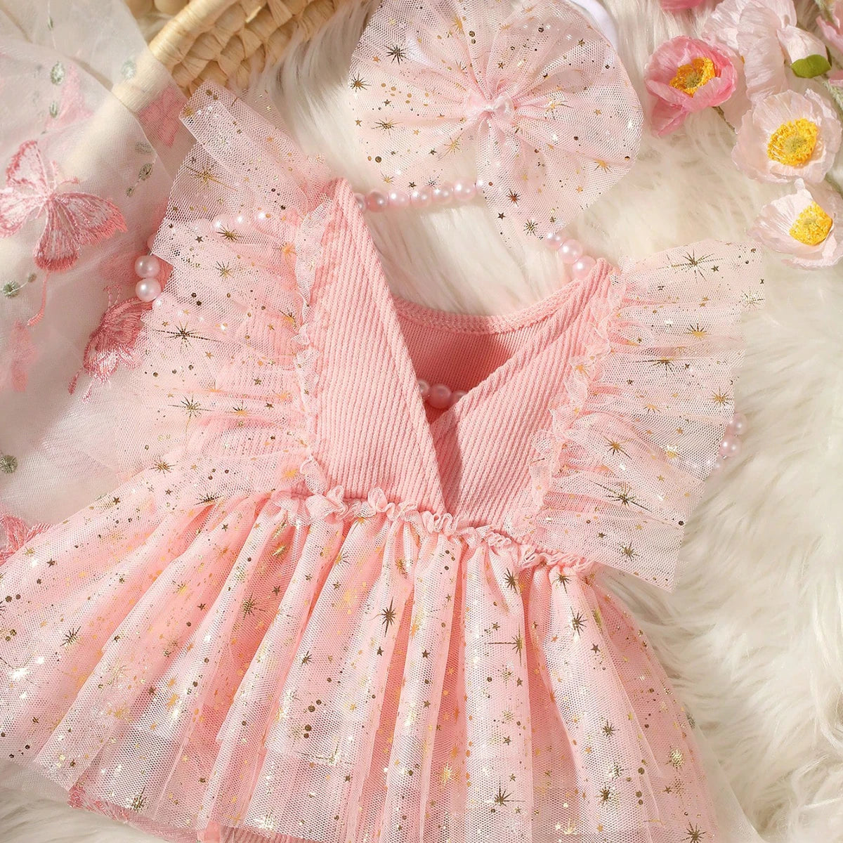Newborn Outfit for Pictures Knitted Infant Photography Romper with Matching Headbands Mesh Dress Portrait Props