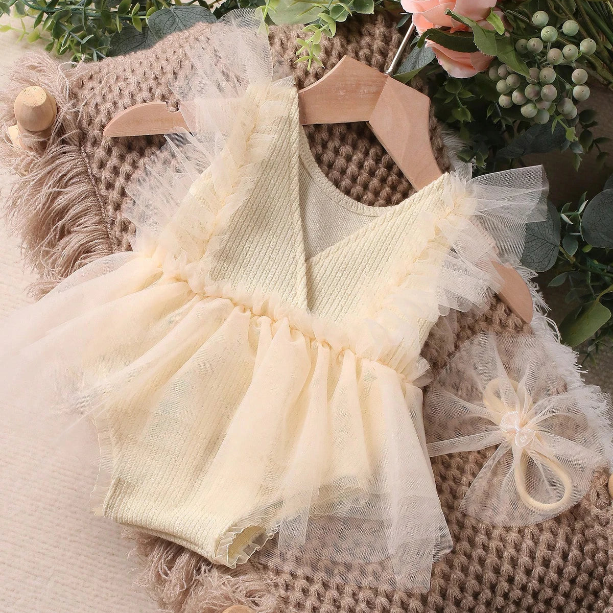 Newborn Outfit for Pictures Knitted Infant Photography Romper with Matching Headbands Mesh Dress Portrait Props