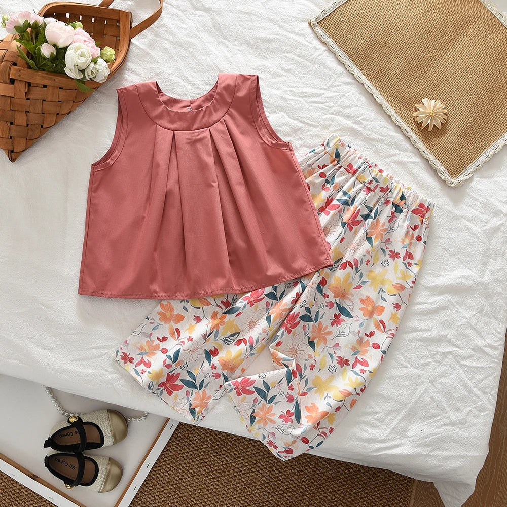 Vest+Striped Wide Leg Pants Summer Two-piece Set Daily Simple Sleeveless Children's Clothing for 3-7 Years Old