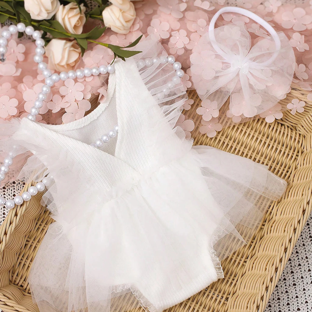 Newborn Outfit for Pictures Knitted Infant Photography Romper with Matching Headbands Mesh Dress Portrait Props