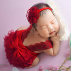 Newborn Photography Outfits Big Bowknot Baby Lace Romper with Hairband Blue Suspender Trousers Photo Shooting Overalls