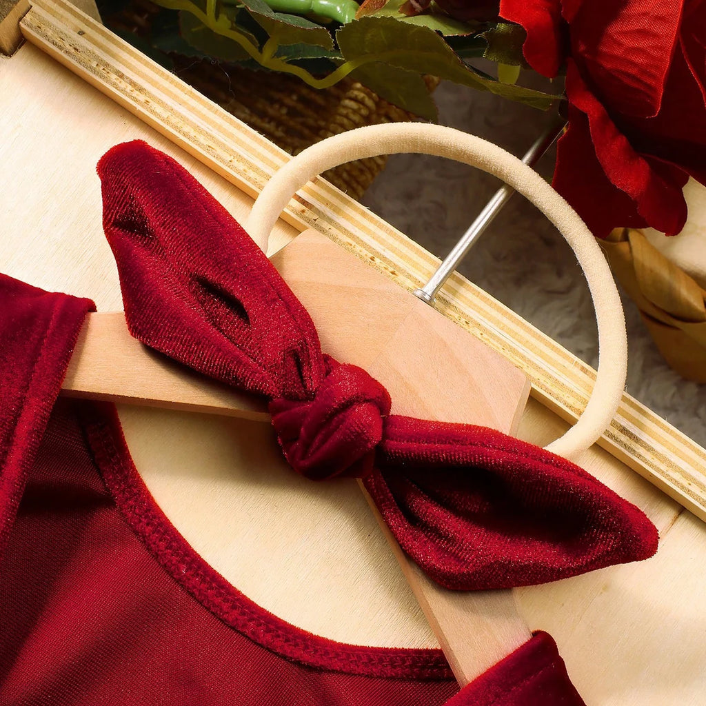 Newborn Christmas Outfit for Photo Shooting Baby Girl Back Bow Burgundy Velvet Romper With Rabbit Ear Headband