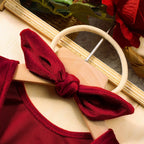 Newborn Christmas Outfit for Photo Shooting Baby Girl Back Bow Burgundy Velvet Romper With Rabbit Ear Headband