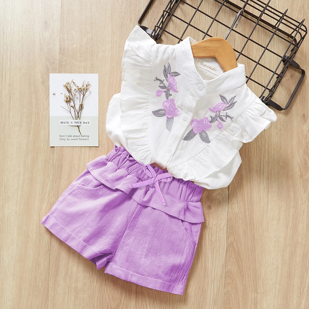 New Casual Children's Embroidered Sleeveless Shirt+Shorts Set Girls' Baby Clothing