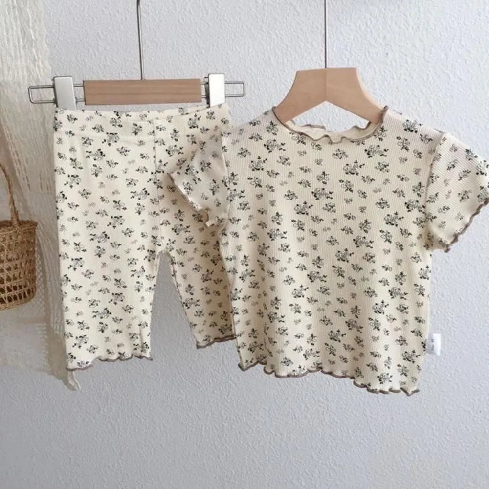 Summer Fashion New Short Sleeve Round Neck Flower Printed T-shirt Top+Pants 2 Piece Set Kids Casual Home Clothes