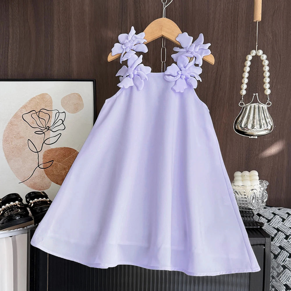 Cut-out Design Girl's Dress 2025 Summer Little Girl Fashion Sling White Holiday Medium Length Vest Dress Girls Dress