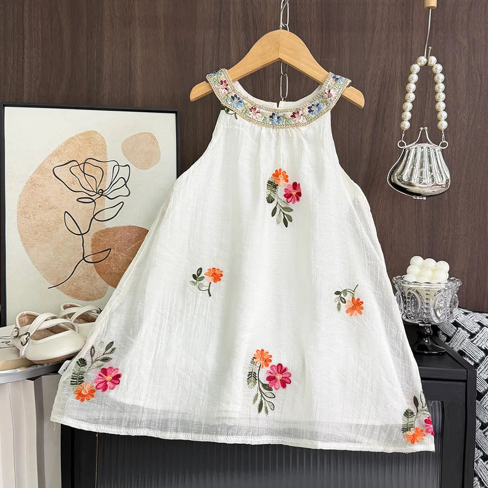 Cut-out Design Girl's Dress 2025 Summer Little Girl Fashion Sling White Holiday Medium Length Vest Dress Girls Dress