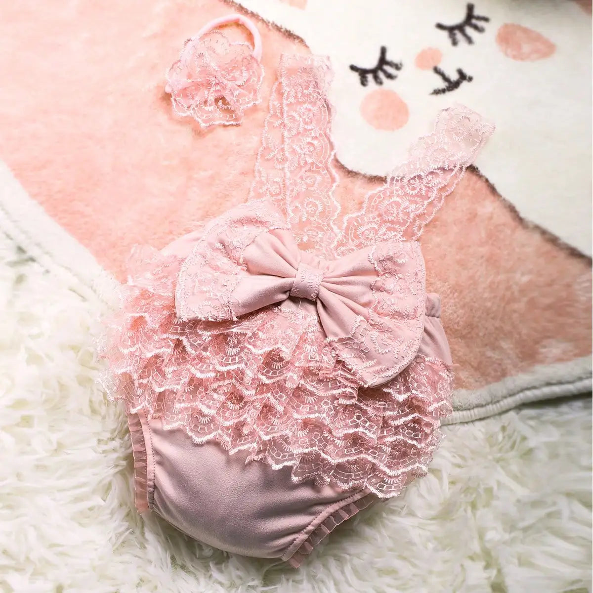 Newborn Photography Outfits Big Bowknot Baby Lace Romper with Hairband Blue Suspender Trousers Photo Shooting Overalls