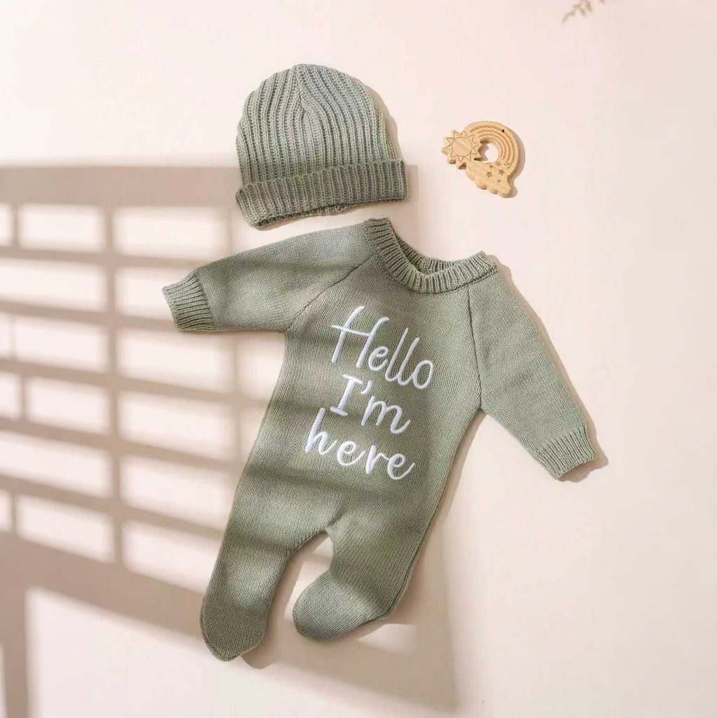 Embroidery Knitting Newborn Birth Announcement Outfits Footed Jumpsuit Baby Boy Girl Photography Props Newborn