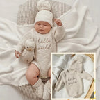 Hello World Knitting Newborn Photography Romper with Matching Pomp Hat Baby Boy Girl Sweater Outfits Photo Shooting-HD