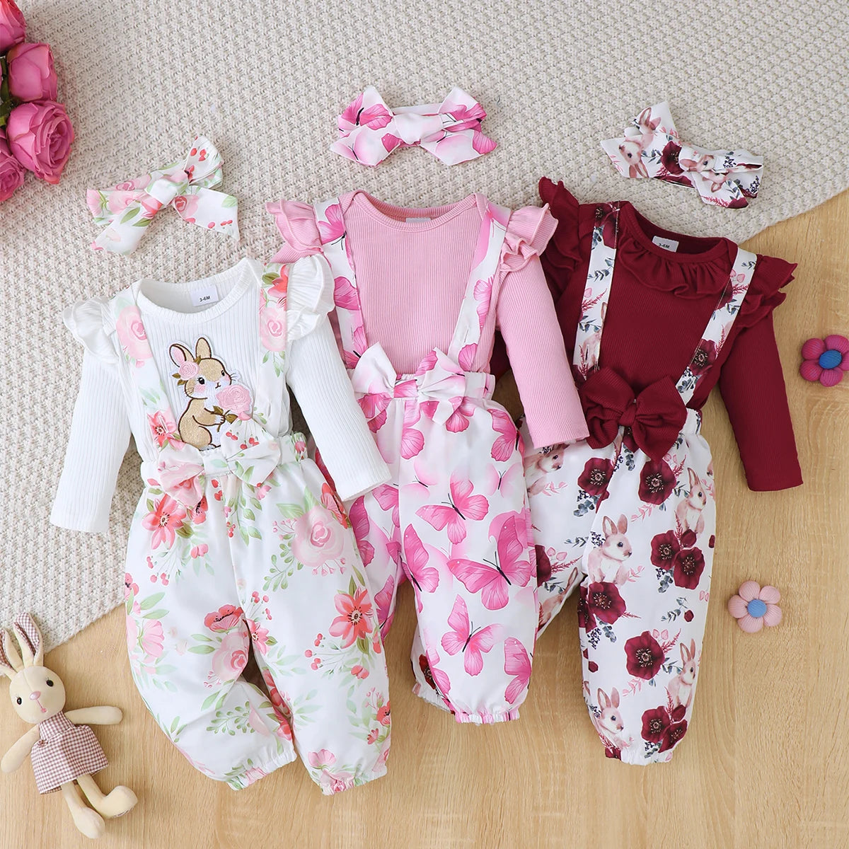 3-Piece Floral Strap Pants & Headband Set