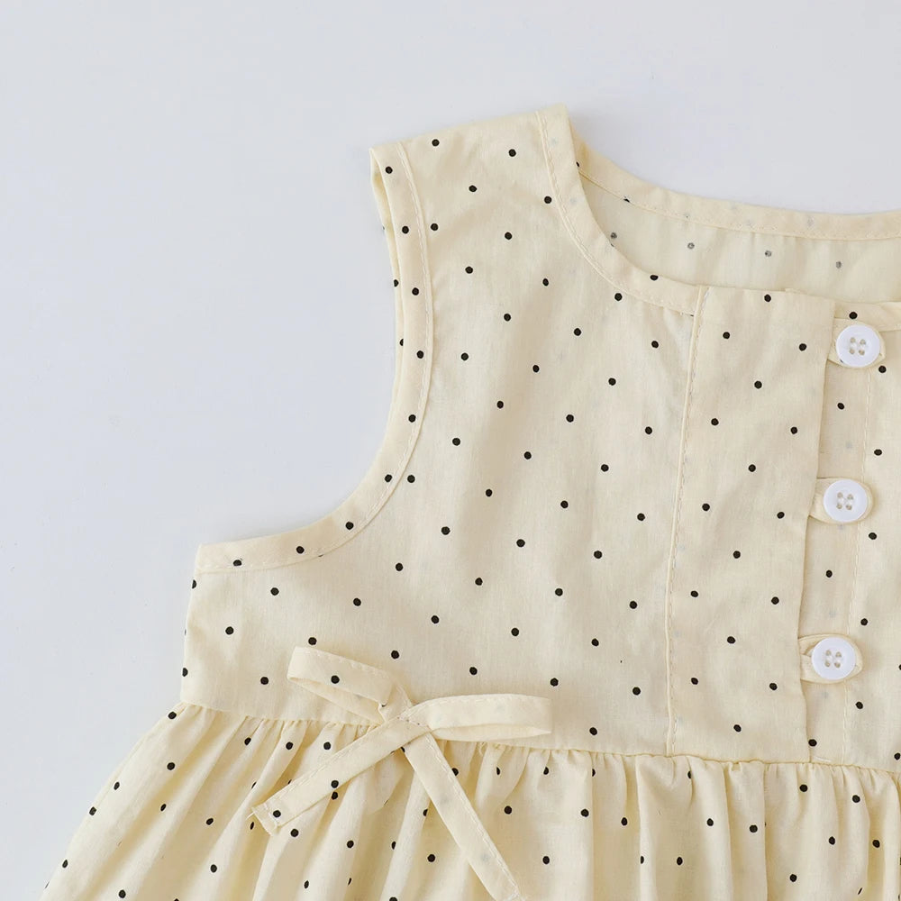 Baby Girl's Casual Clothing Round Neck Sleeveless Polka Dot Top+Wide Leg Pants Set with Bow and Botton 2PCS Set