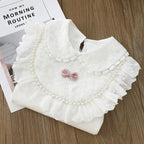 Girls' White Long Sleeve Lace Pearl Bow Sweet Shirt Children's Cotton Casual Shirt