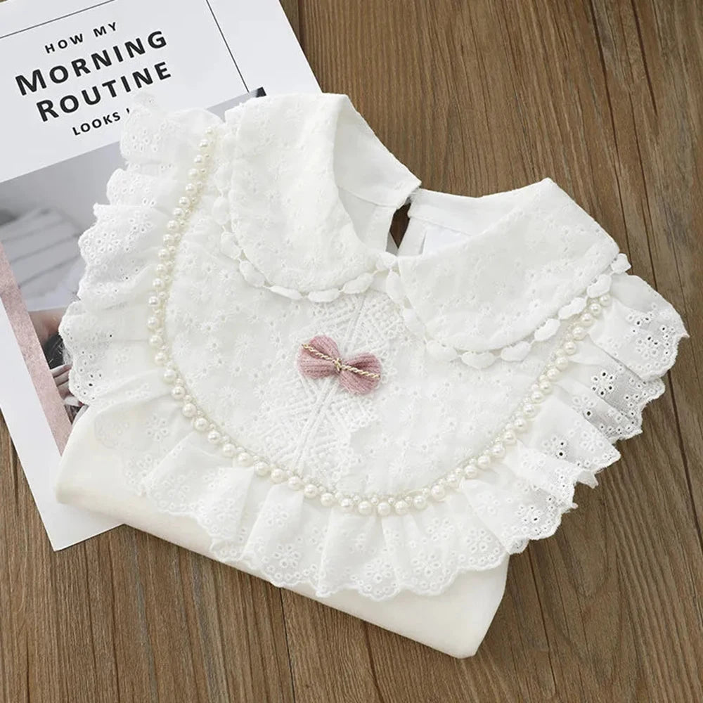 Girls' White Long Sleeve Lace Pearl Bow Sweet Shirt Children's Cotton Casual Shirt