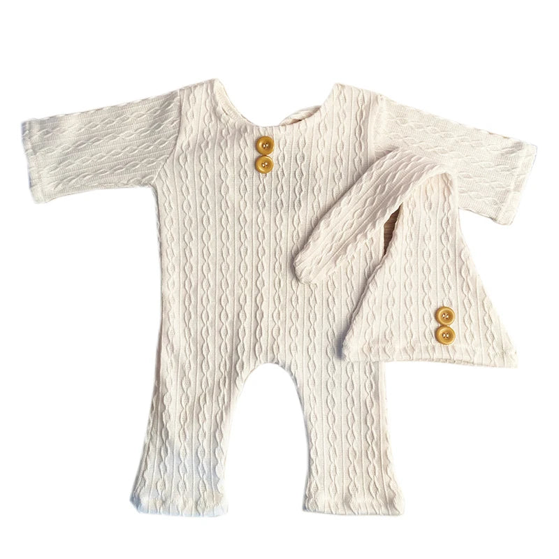 Newborn Boy Photo Props Knitting Clothes Baby Boy Jumpsuit Knot Hat Set  Infants Photo Shooting Bodysuit Beanies