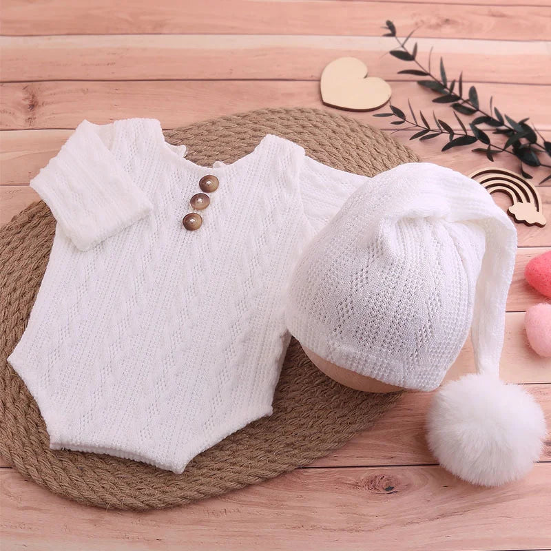 2 Pieces Set Newborn Photo Shooting Clothes Knitting Baby Boy Jumpsuit with Pompom Hat Infant Photography Props