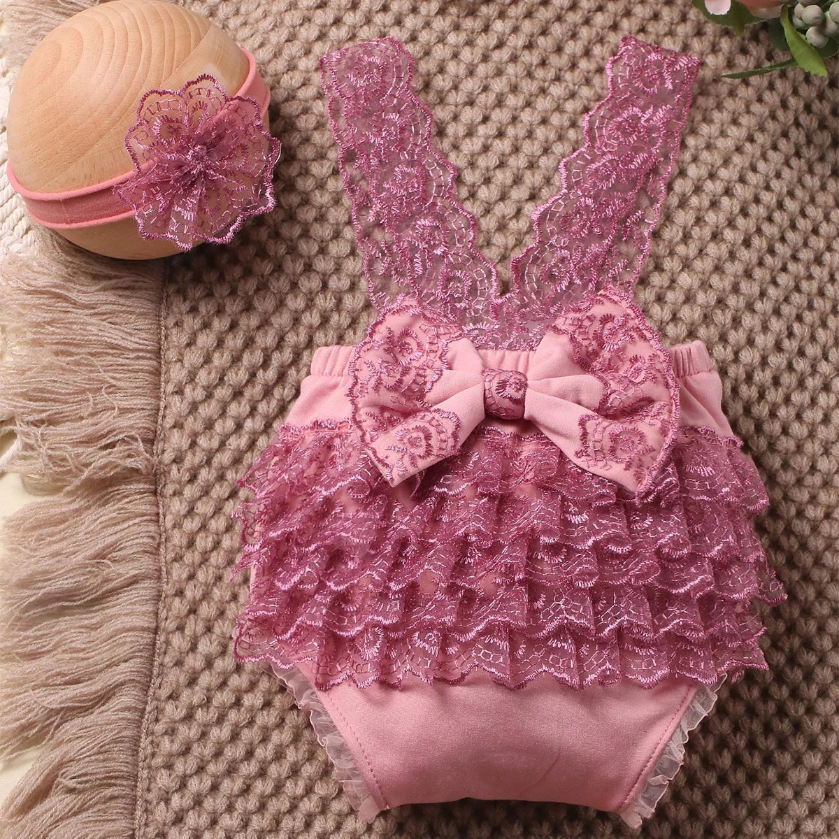 Newborn Photography Outfits Big Bowknot Baby Lace Romper with Hairband Blue Suspender Trousers Photo Shooting Overalls