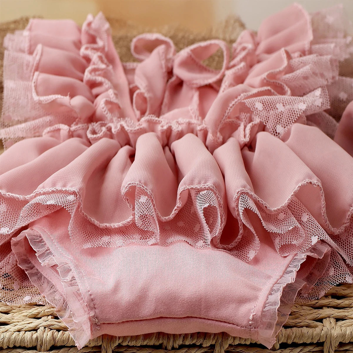 2 Pieces Set Dusty Pink Chiffon Newborn Romper with Bow Hairband Dot Lace Baby Photography Outfits