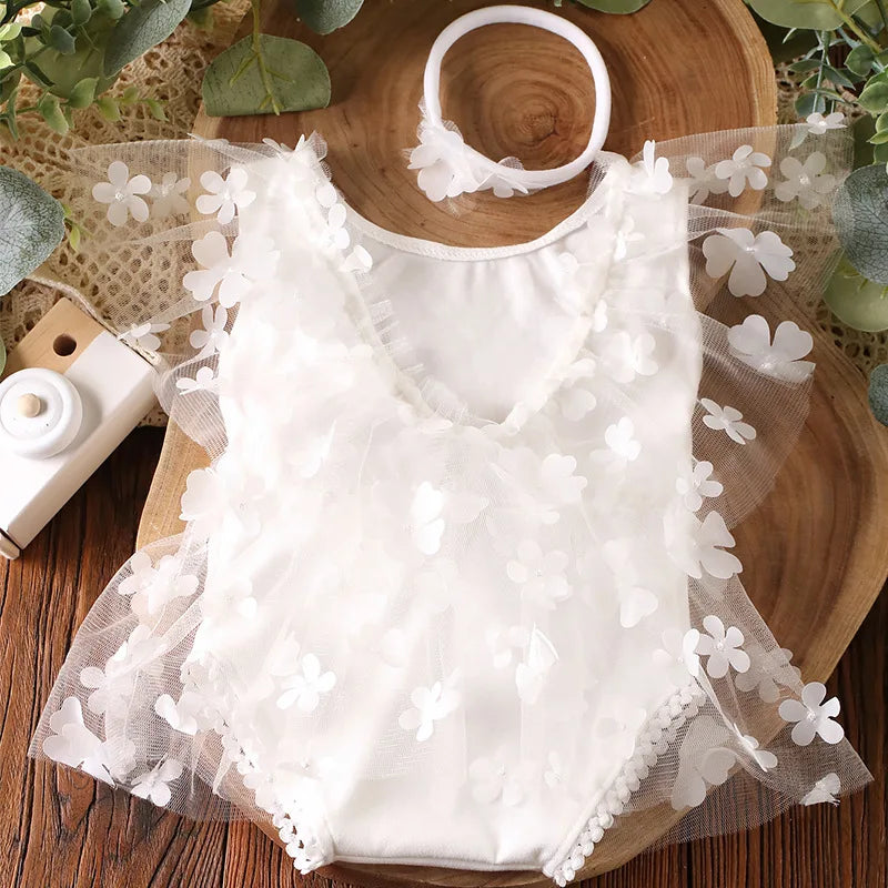 2 Pieces Set Newborn Girl Photography Outfits Embroidery Flower Romper with Headband Baby Photo Shooting Clothes