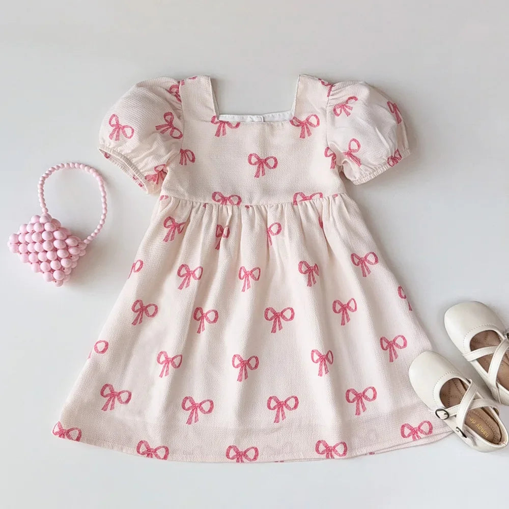 Short Sleeved Girls Clothing Summer New Bow Print Casual Dresses Sweet and Cute Kids Clothes for 3-7 Years Wear