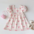 Short Sleeved Girls Clothing Summer New Bow Print Casual Dresses Sweet and Cute Kids Clothes for 3-7 Years Wear