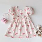 Short Sleeved Girls Clothing Summer New Bow Print Casual Dresses Sweet and Cute Kids Clothes for 3-7 Years Wear
