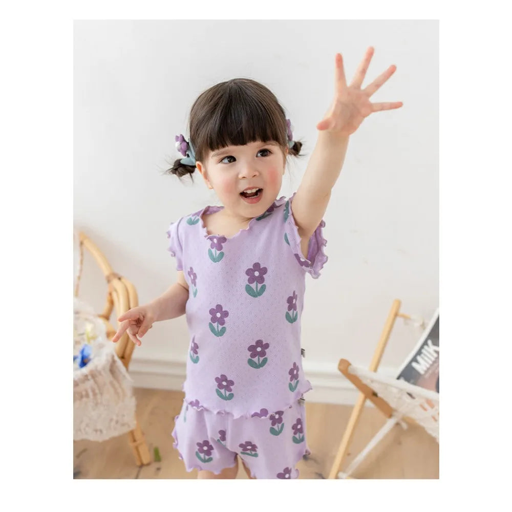 Summer New Pajama Baby Girl Clothes 3-7 Years Old Flower Printed Short Sleeved Top + Shorts Cute Children's Set