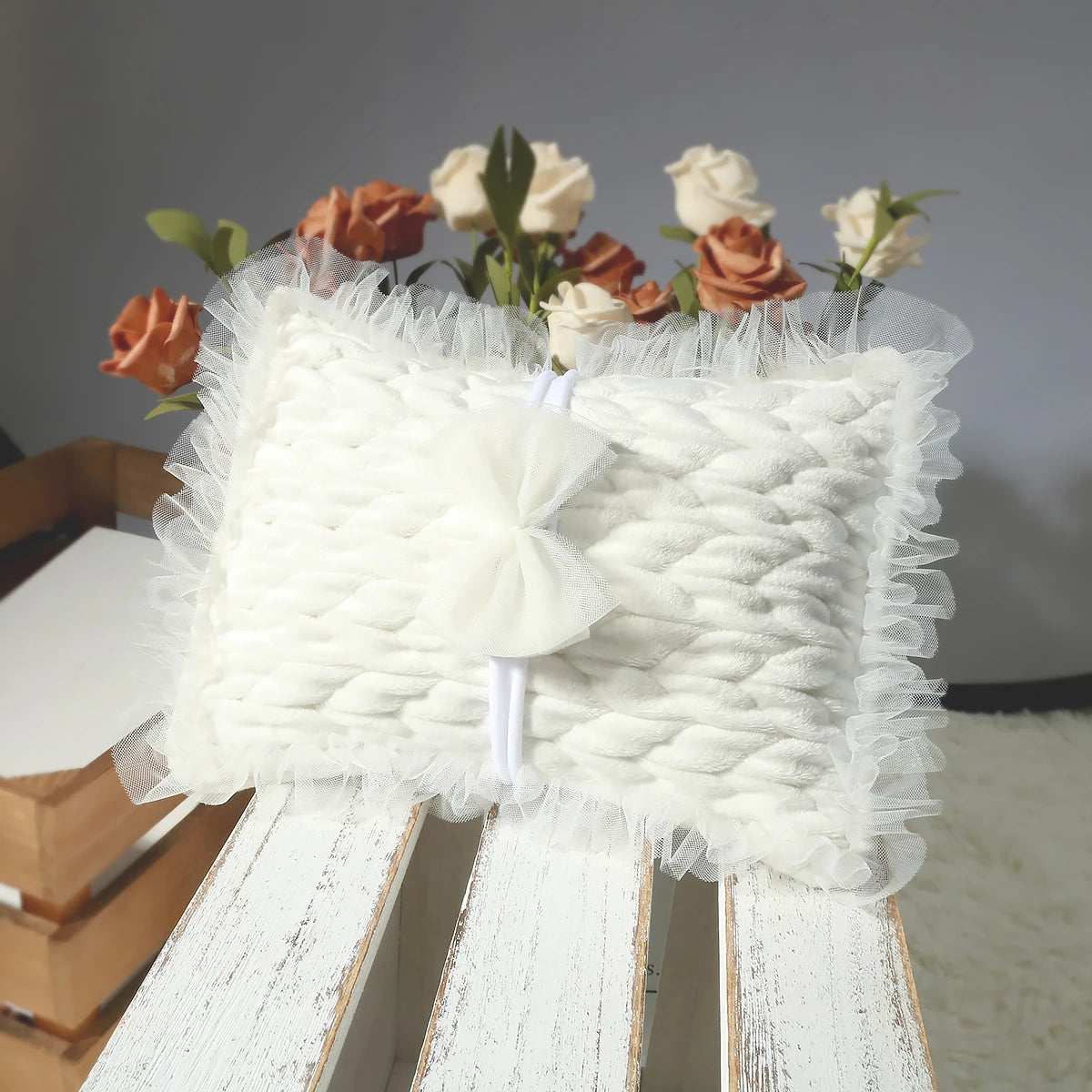 Newborn Photo Props Infant Shooting Posing Pillow with Bow Headband Baby Girl Photography Accessories