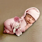 3 Pieces Set Newborn Jumpsuit Tail Pom Hat Set with Mini Doll Pink Baby Photography Outfit New born Girl Photo Props