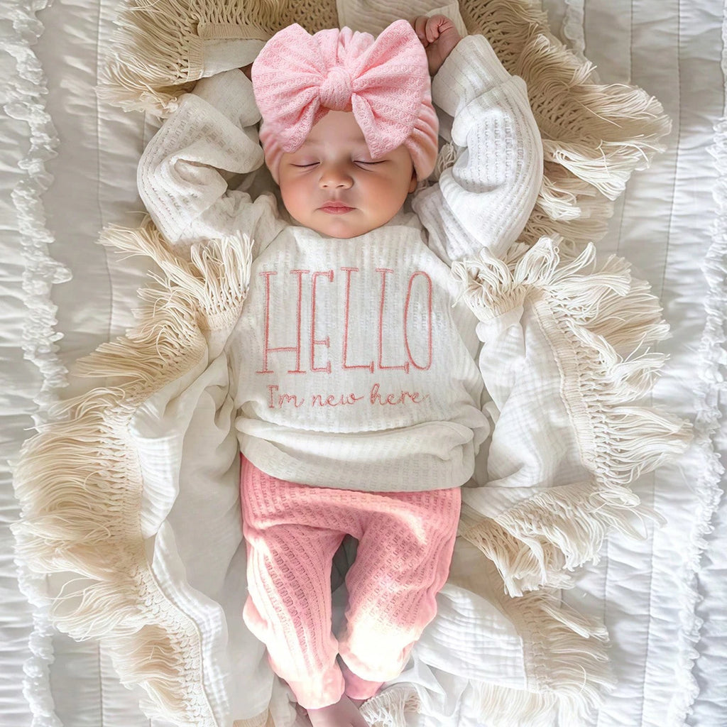 Embroidery Newborn Photography Props Infant Romper Jumpsuit with Bow Hat Baby Coming Home Outfit Baby Photo Gift-HD