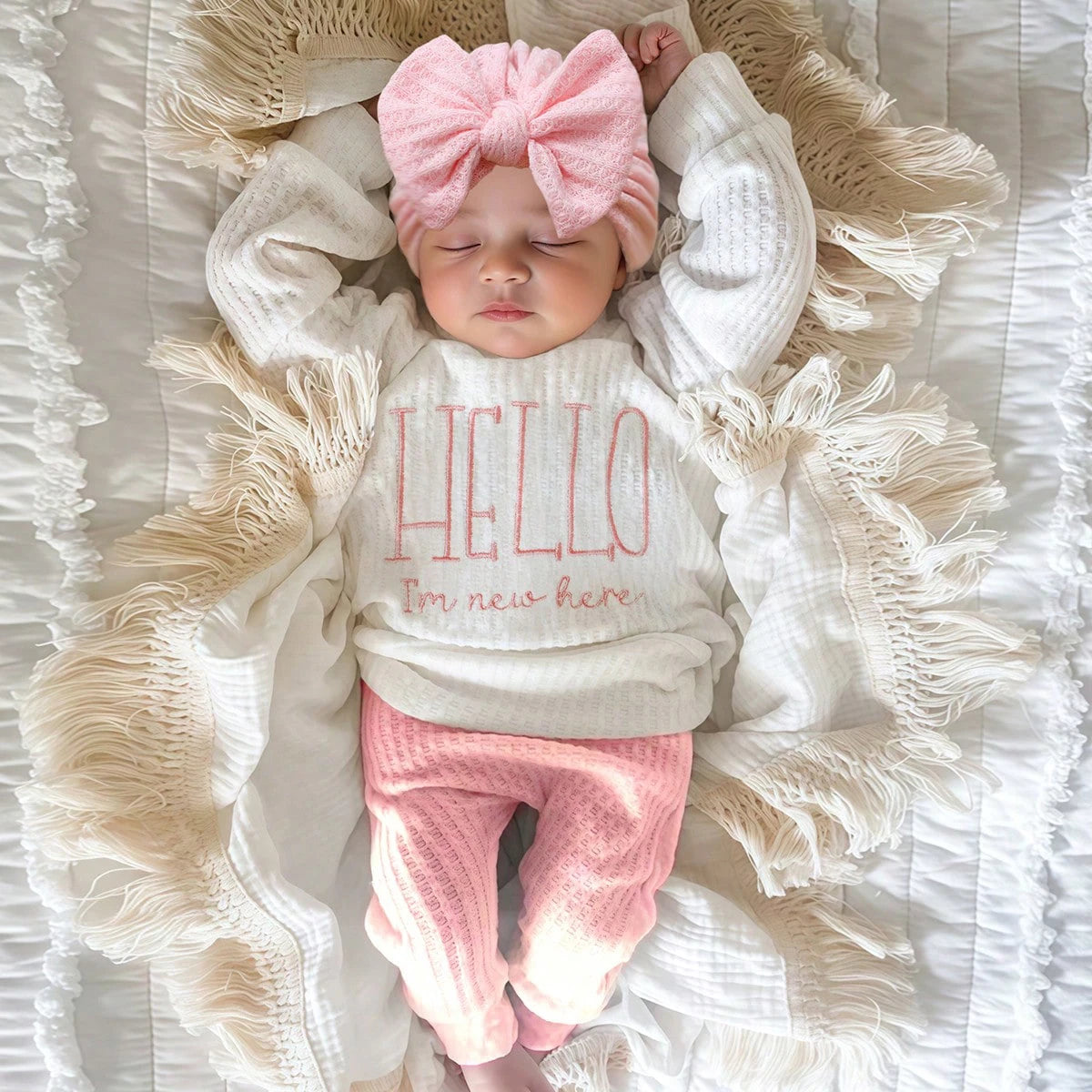 Embroidery Newborn Photography Props Infant Romper Jumpsuit with Bow Hat Baby Coming Home Outfit Baby Photo Gift-HD