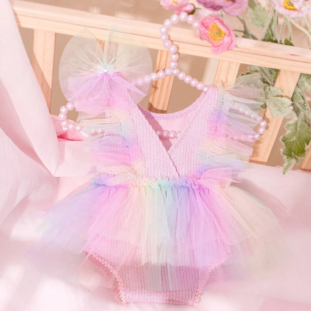 Newborn Outfit for Pictures Knitted Infant Photography Romper with Matching Headbands Mesh Dress Portrait Props