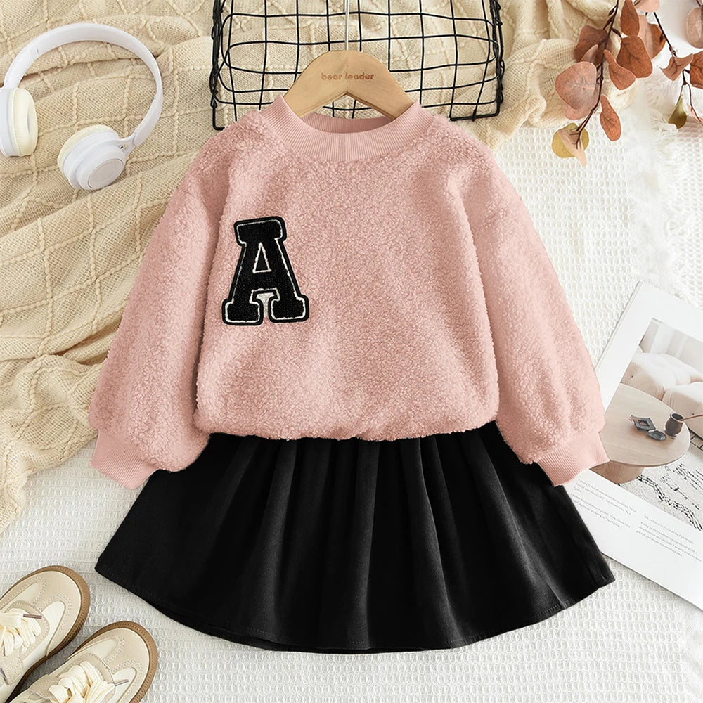 3-7 Year Old Autumn and Winter Plain Kids Clothes Girls Long Sleeved Plush A-line Top+Short Skirt Two-piece Set