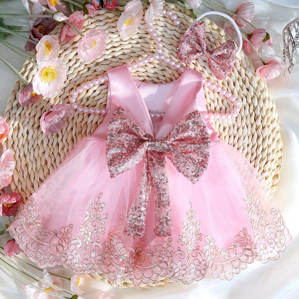 Newborn Photography Outfits Girl Big Bow Lace Dress with Glitter Bow Headband 100 Days Baby Girl Photoshoot Picture Gown