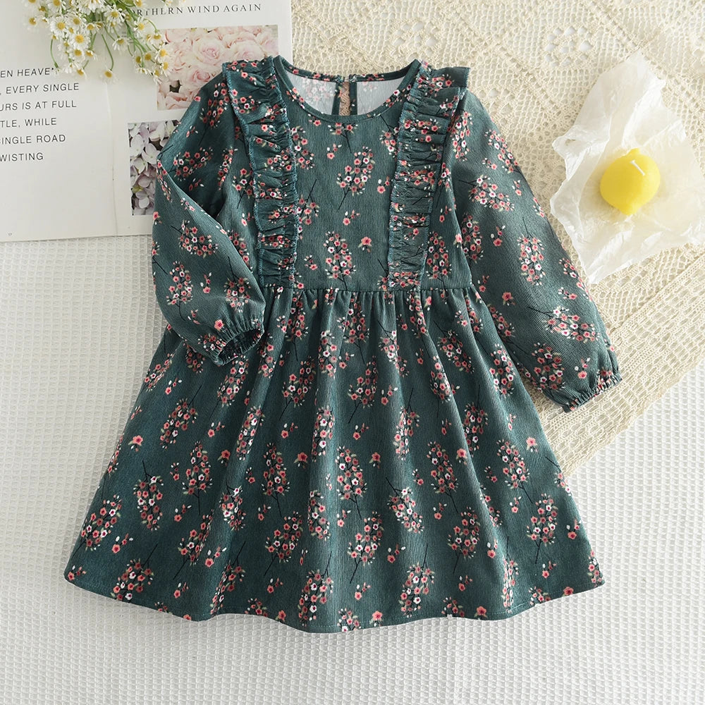 Autumn Spring New Girls' Dress Fashion Cute Doll Neck Flower Print Dress Children's Girls Long Sleeve Princess Dress