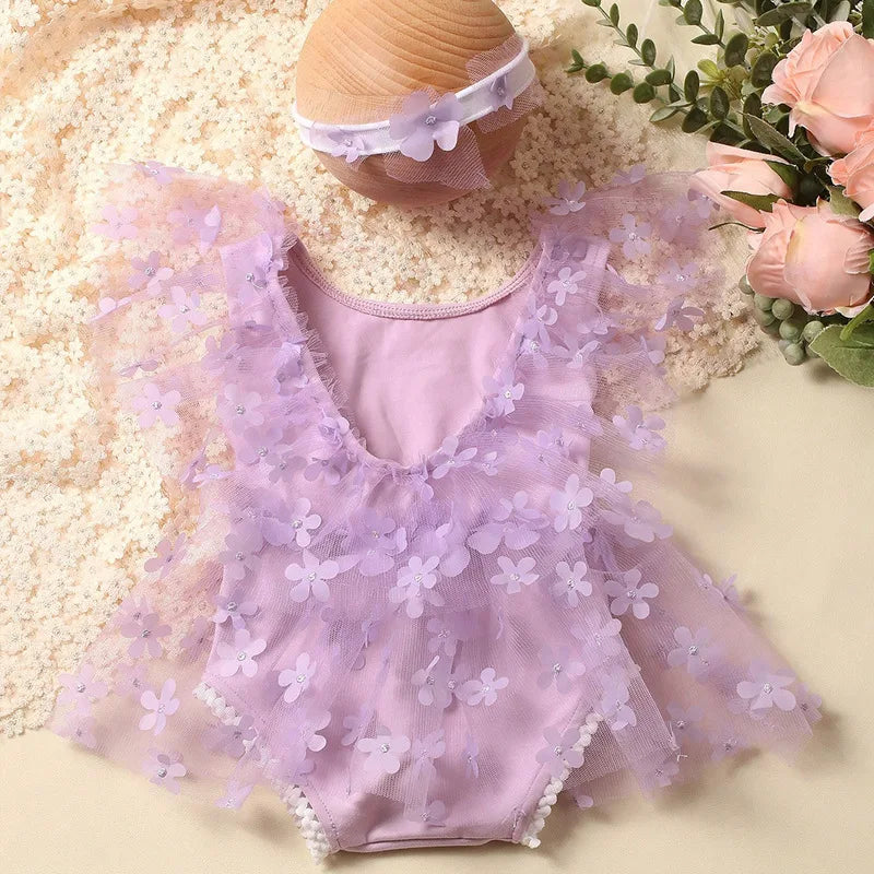 2 Pieces Set Newborn Girl Photography Outfits Embroidery Flower Romper with Headband Baby Photo Shooting Clothes