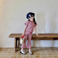 Summer New Easter Girls Casual Suit Korean Stripe Printed Short Sleeved Top+Bell Bottom Pants Fashion Two Piece Set