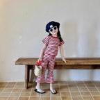Summer New Easter Girls Casual Suit Korean Stripe Printed Short Sleeved Top+Bell Bottom Pants Fashion Two Piece Set