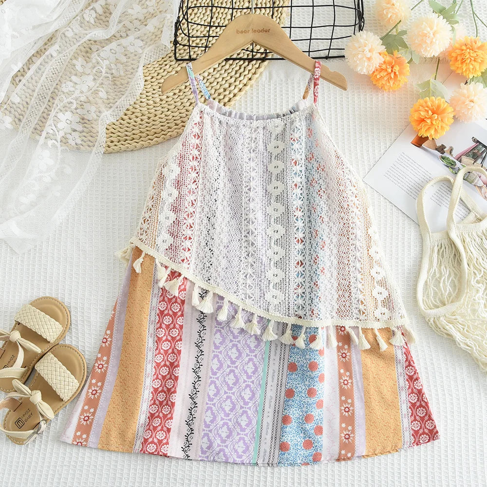Cut-out Design Girl's Dress 2025 Summer Little Girl Fashion Sling White Holiday Medium Length Vest Dress Girls Dress