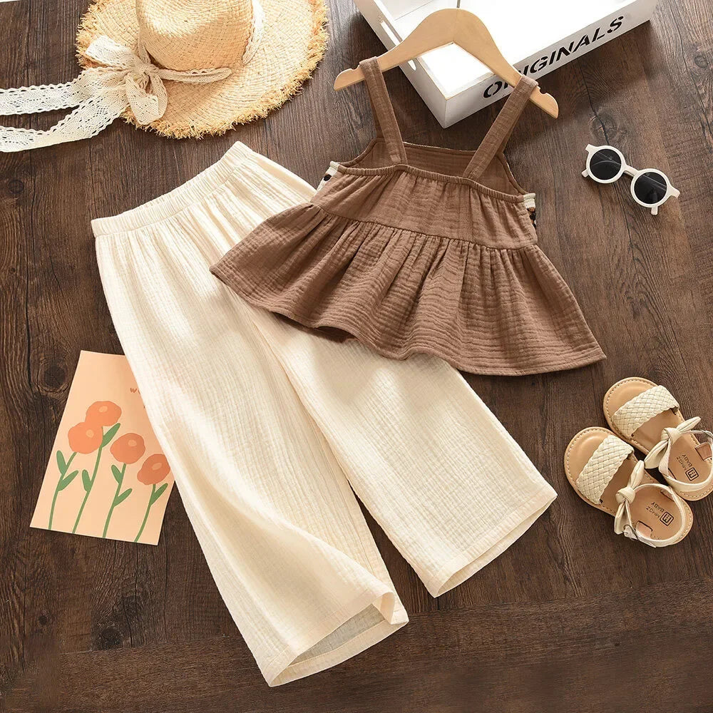 Girls Suit Summer Brown Retro Printed Plaid Camisole Top + Beige Pants Sweet Two-piece Set 3-7 Years Old
